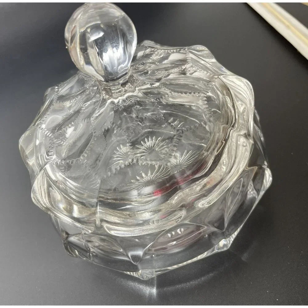 Vintage 1940's Honey Cone pattern Covered Vanity Jar Clear glass